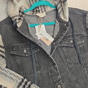 Women's Black Jean Jacket with Plaid Hood